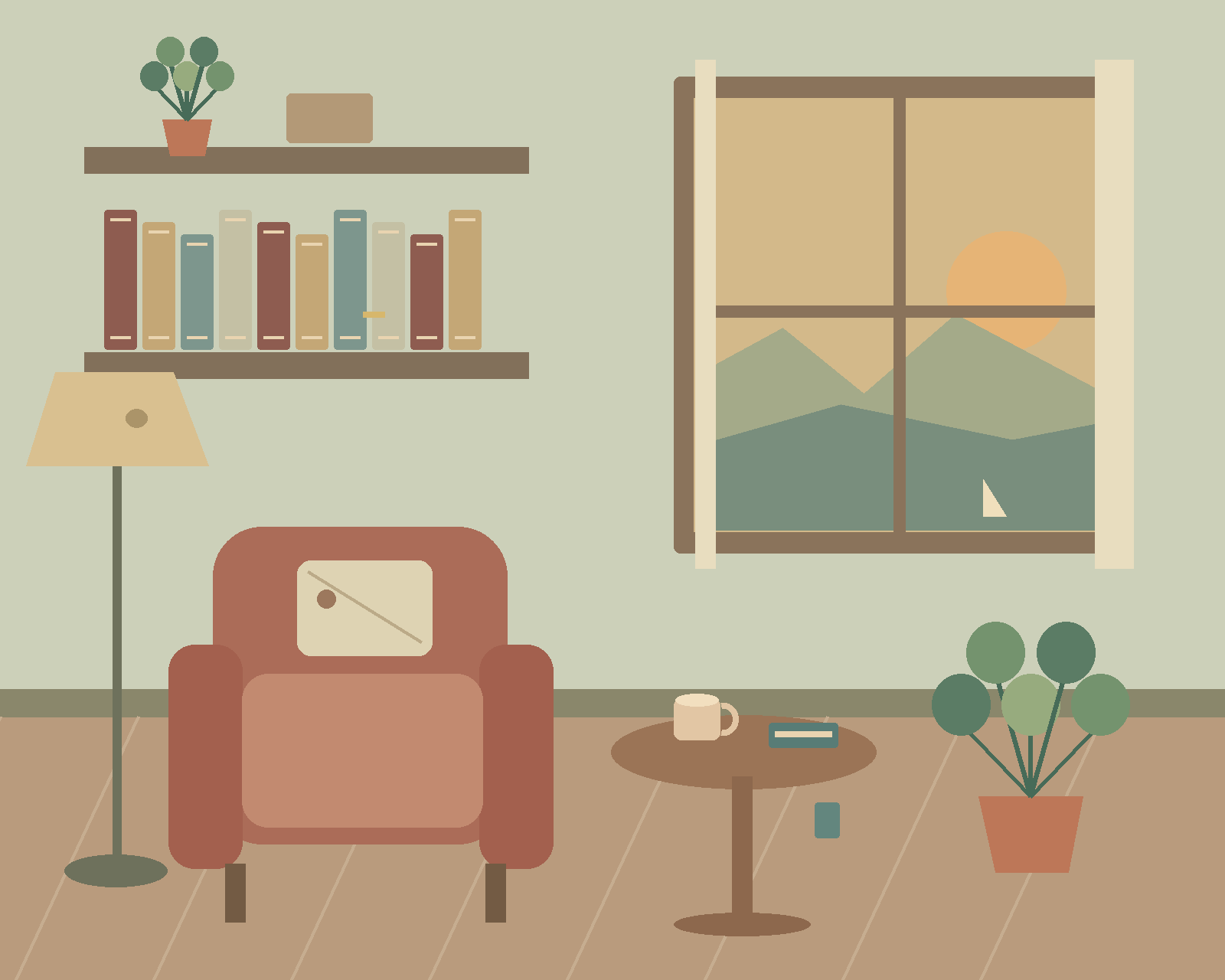 A calm reading room with a terracotta armchair, bookshelves, a large sunset window and a coffee table.
