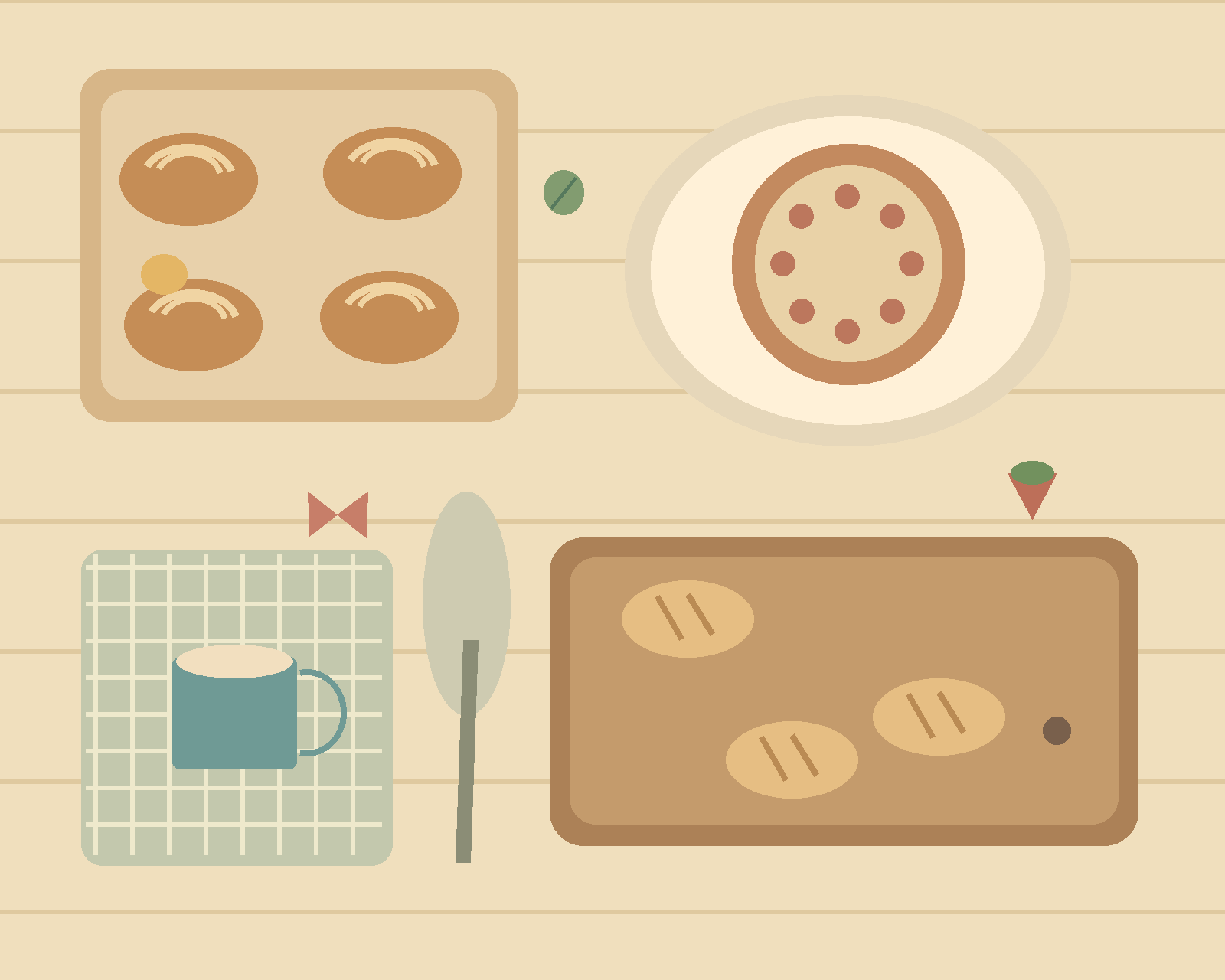 An overhead view of a bakery table with pastries, a fruit tart, a coffee cup, napkin and wooden bread board.