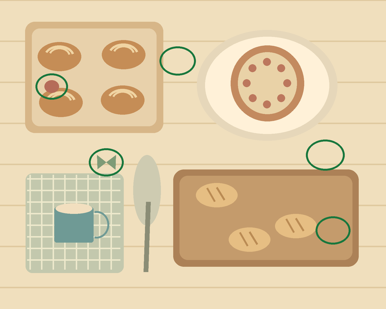 An overhead view of a bakery table with pastries, a fruit tart, a coffee cup, napkin and wooden bread board. — all five differences circled in green