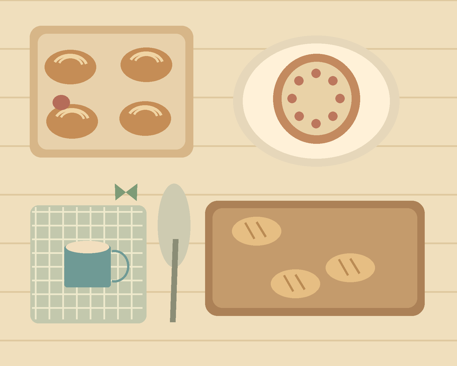 An overhead view of a bakery table with pastries, a fruit tart, a coffee cup, napkin and wooden bread board. — comparison picture