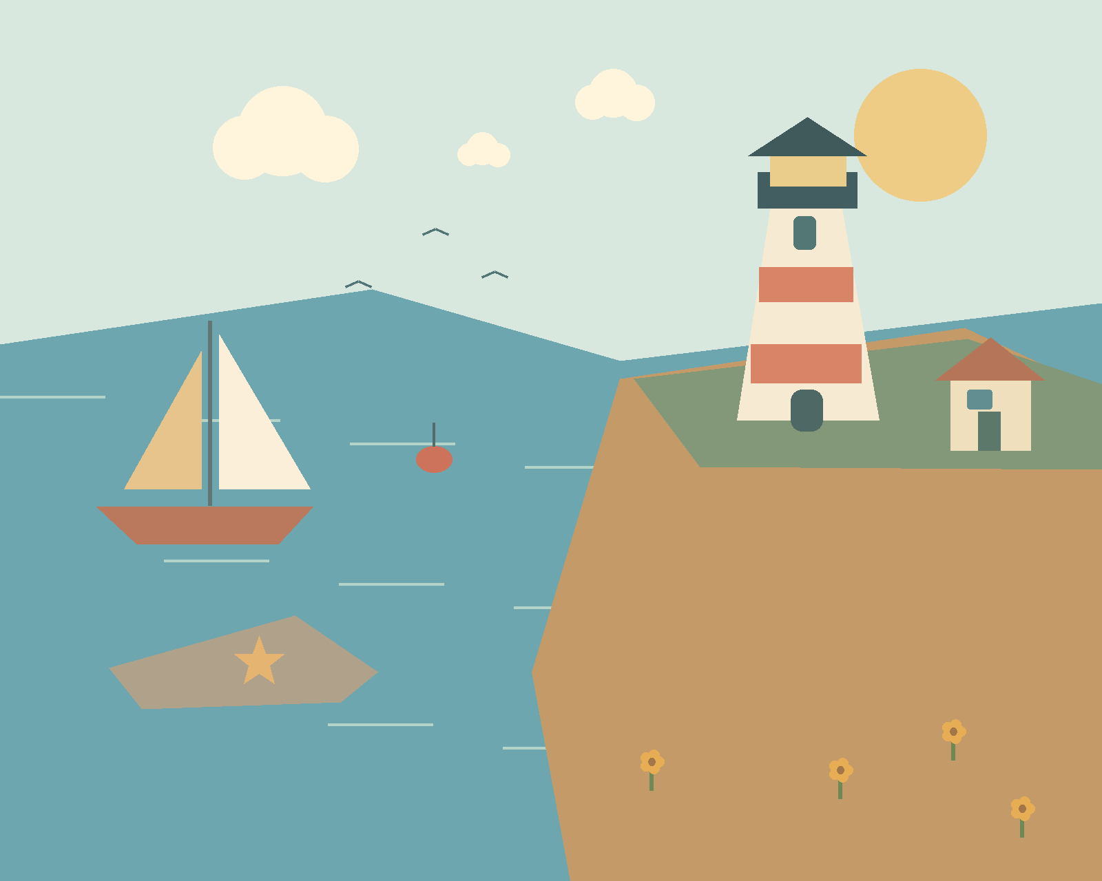 A striped lighthouse above a turquoise harbor, a sailboat, seaside cottage and rocky shore.