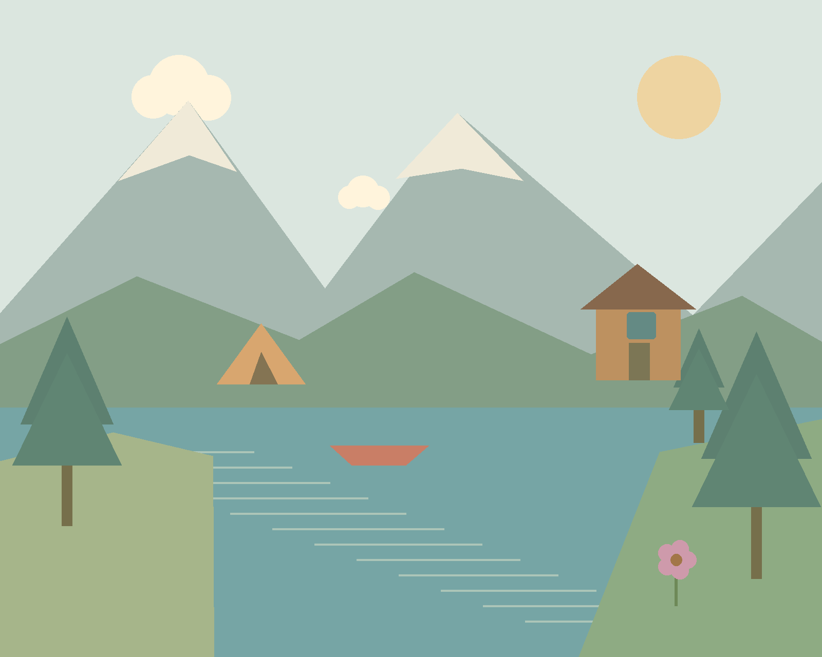 A peaceful mountain lake with snowy peaks, a lakeside cabin, pine trees, a tent and a canoe.