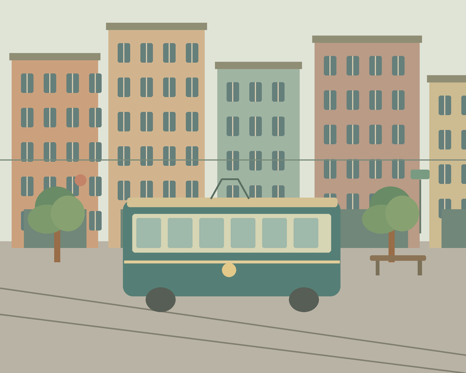 A green tram passing colorful old town buildings, window flowers, a street sign and a bench. — comparison picture