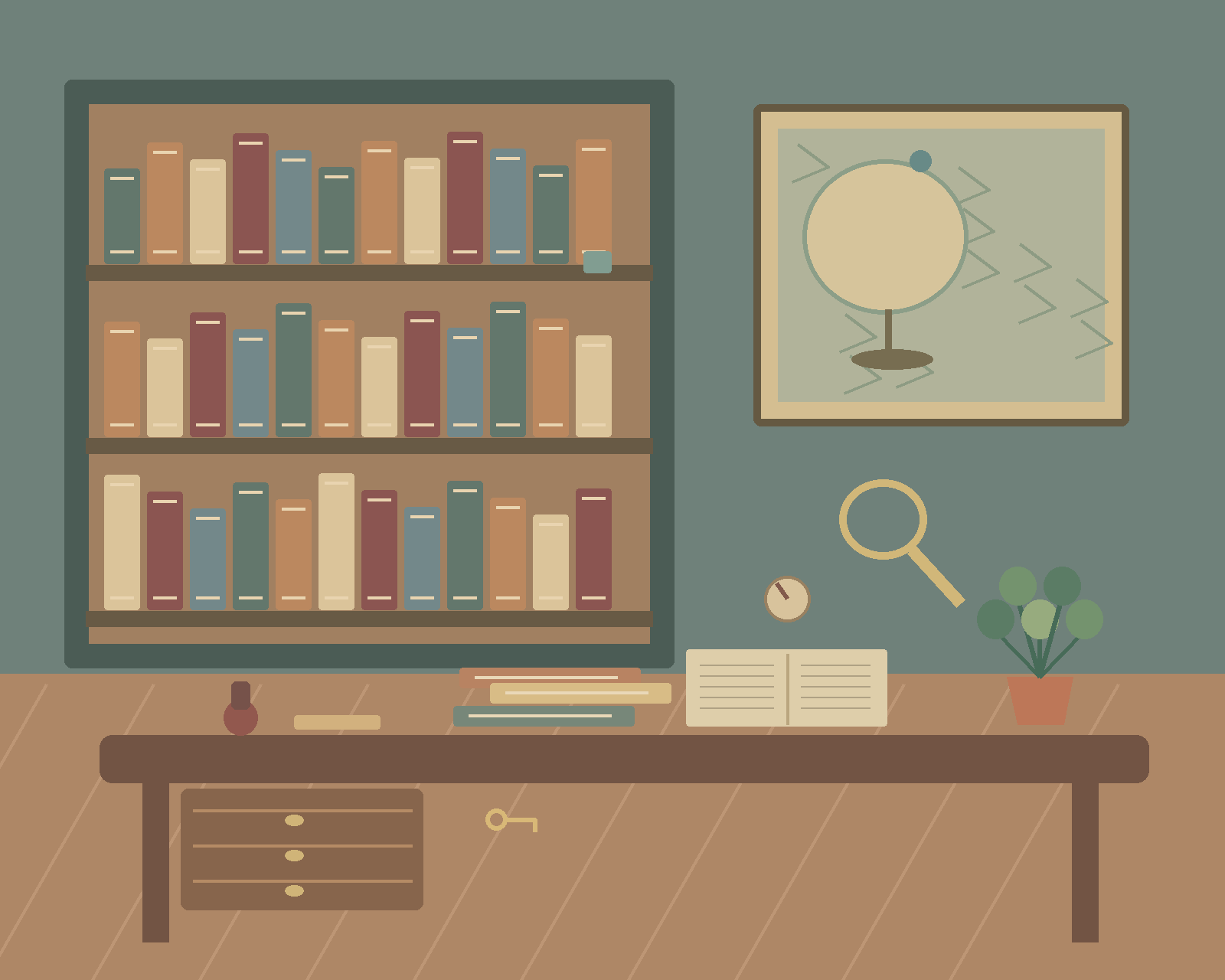 A richly detailed study with shelves of books, a map, compass, magnifying glass and a wooden desk.
