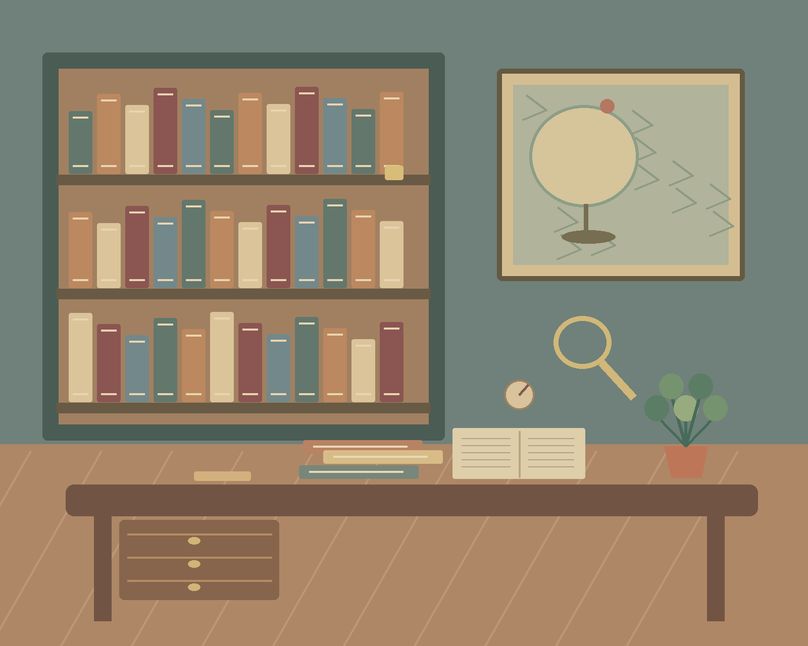 A richly detailed study with shelves of books, a map, compass, magnifying glass and a wooden desk. — comparison picture