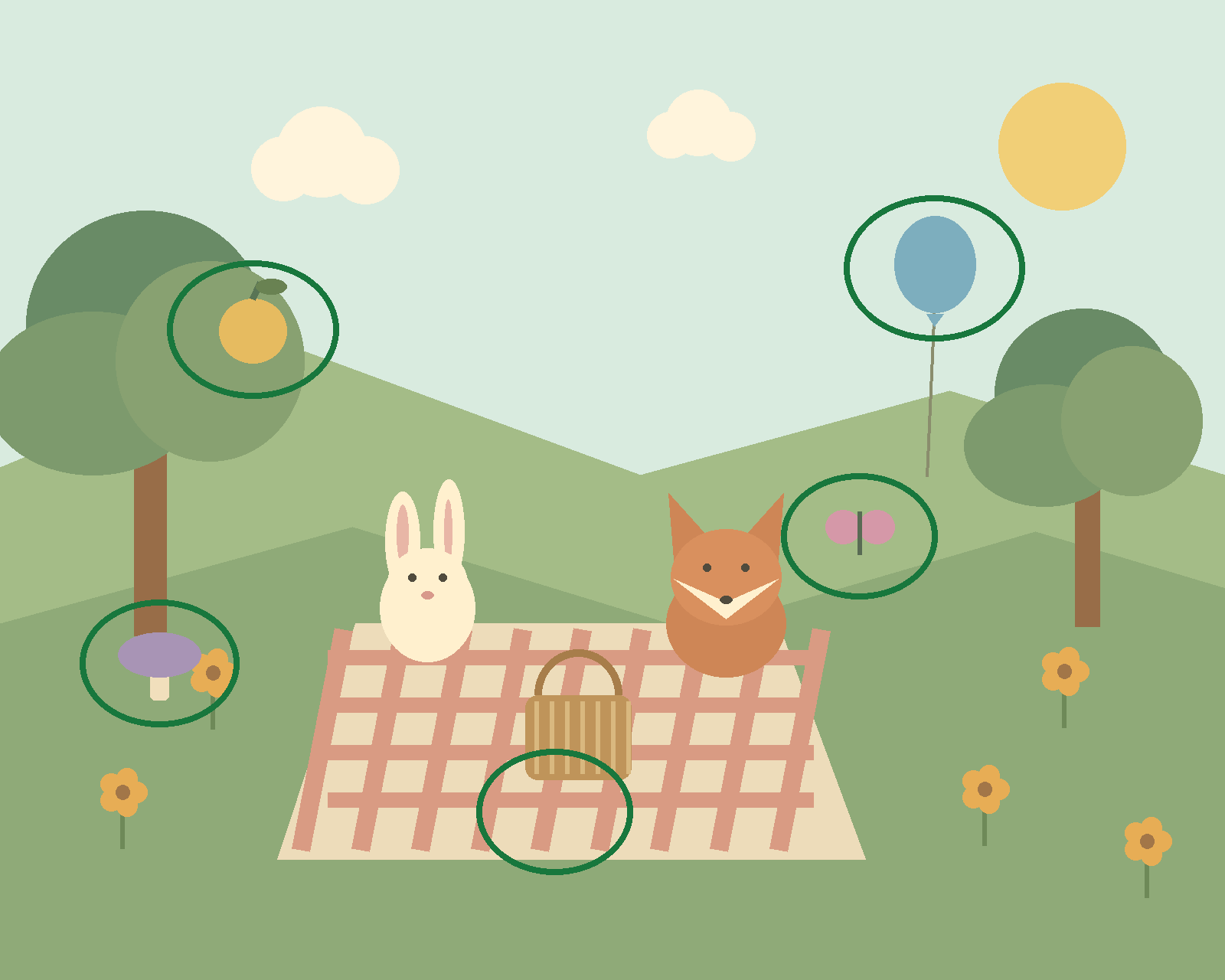 A rabbit and a fox having a picnic in a sunny woodland meadow with a balloon and flowers. — all five differences circled in green